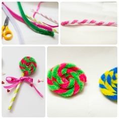 several pictures of different colored lollipops with scissors next to one that has yarn on it