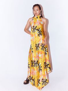 Yellow Dahlia Halter Dress DRESSES IKKIVI Silk Digital Print Party Dresses, Silk Party Dress With Digital Print, Fitted Silk Printed Maxi Dress, Printed Fitted Silk Maxi Dress, Fitted Silk Maxi Dress With Print, Silk Multicolor Floral Print Maxi Dress, Multicolor Silk Floral Print Maxi Dress, Sleeveless Silk Printed Dress, Sleeveless Floral Print Silk Dress For Spring