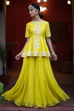 Shop for Leela by A Yellow Chanderi Embroidered Peplum And Palazzo Set for Women Online at Aza Fashions Flared Palazzo, Women Kurta, Palazzo Set, Sequin Embroidery, Pattern Embroidery, Sequins Embroidery, Set Women, Set For Women, Yellow Floral