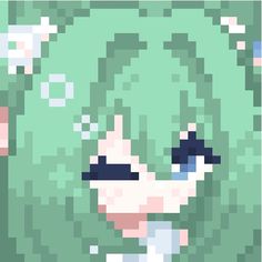 a pixelated image of an anime character with green hair and black eyeliners