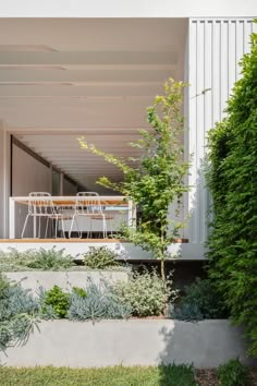 an outdoor dining area with white chairs and table surrounded by greenery in the foreground