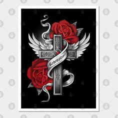 a cross with wings and roses on it is featured in this ad for the new website