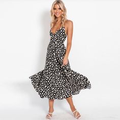 Fun & pretty is what this dress is. Gorgeous floral boho. White Dress Floral, Floral Spaghetti Strap Dress, Backless Midi Dress, Casual Sundress, Polka Dot Tie, Floral Dresses Long, Black And White Dress, Printed Long Dresses, Long Dress Casual