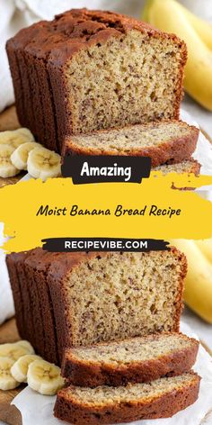 three slices of banana bread stacked on top of each other with bananas in the background