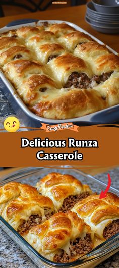 two pictures of different types of food in pans on a table with the words delicious runza casserole