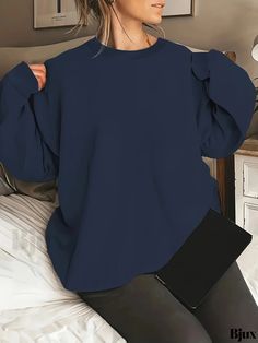 Bjux - Womens Plus Size Solid Long Sleeve Drop Shoulder Round Neck Casual Sweatshirt with Slight Stretch - Fashionable and Comfortable Pullover Sweatshirt Trendy Solid Color Long Sleeve Crew Neck Top, Crew Neck Solid Color Top For Loungewear, Solid Color Crew Neck Top For Loungewear, Stretch Solid Color Crew Neck Sweater, Plain Stretch Crew Neck Sweater, Stretch Solid Color Sweatshirt For Layering, Winter Long Sleeve Crew Neck Top In Solid Color, Oversized Solid Color Crew Neck Top, Trendy Crew Neck Plain Sweater