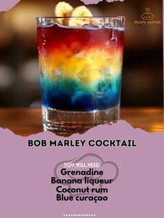 an advertisement for bob marley's cocktail, featuring bananas and blue curaco