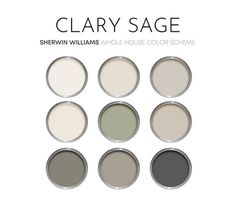 six different shades of gray paint with the words clay sage written in white above them