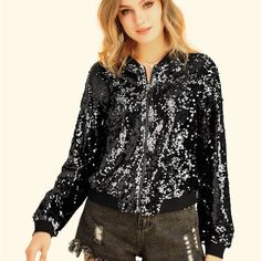 100% Polyester Metallic Pattern Stand Collar Long Sleeve Zip Up Ribbed Cuffs Fully Lined Regular Fit Bomber Jacket Hand Wash Inside Out. Sparkly Sequin Top, Glitter Jacket, Sequin Cardigan, Mermaid Sequin, Sequin Jacket, Green Sequins, Night Out Outfit, Jacket Long, Casual Party