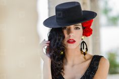 Woman wearing spanish hat and red carnations in her hair By Javier Sanchez Mingorance on YouWorkForThem. Spanish Hat, Javier Sanchez, Red Carnation, Elegant Black Dress, Hair Photo, Model Release, Red Flower, Beautiful Woman, Her Hair