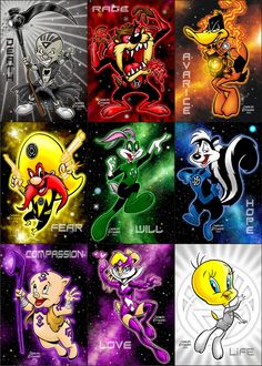 cartoon characters in different colors and sizes with the names of their respective characters on them