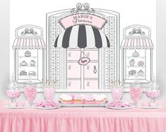 a table with pink and black decorations on it, in front of a drawing of a storefront