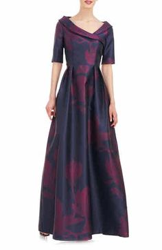 SLNY Tie Waist Ombrè Skirt Gown | Nordstrom Jacquard Gown, Portrait Neckline, Floral Print Gowns, Kay Unger Dresses, Evening Midi Dress, Kay Unger, Printed Gowns, Stretch Skirt, Floral Jacquard