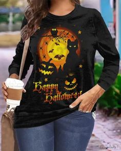 Lasaky - Plus Size Halloween Cat Pumpkin Print Long Sleeve Top Spooky Black Long Sleeve Top, Spooky Cat Design Tops For Fall, Spooky Cat Print Tops For Fall, Spooky Fall Tops With Cat Print, Halloween Package, Plus Size Halloween, Cat Pumpkin, Vintage Type, Pumpkin Print