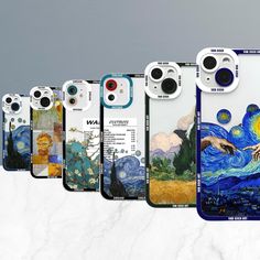 an assortment of cell phones with paintings on them, all in different styles and colors