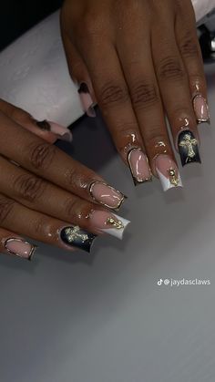 Aesthetic Seductive Nails, Faith Based Nails, Coffin Medium Nails Designs, Birthday Nail Black Women, Long Frenchies Nails, Fashion Killa Nails, Long Acrylic Nails With Design, Basic Medium Acrylic Nails, Nail Charms Ideas