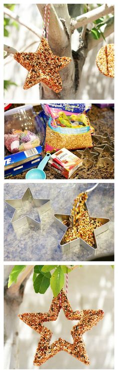 star ornaments hanging from a tree branch with glitter stars on them and some other decorations in the background