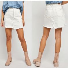 Free People Brea Cut Off Skirt Forever Essential In A Classic Denim Fabrication, This Timeless Mini Skirt Is Featured In A High-Rise Silhouette With Raw Bottom Hemline For A True Live-Inlook. Size:31 Machine Wash Cold Import Cotton 5 Pocket Style Button Fly Closure Color: Off White Distress Jeans Skirt Msrp $78 D1 White Mini Skirt With Pockets For Spring, White Frayed Hem Mini Denim Skirt, White Denim Mini Skirt With Frayed Hem, White Mini Denim Skirt With Pockets, White Denim Mini Skirt With Pockets, Denim Skirt With Frayed Hem For Day Out, White High Waist Mini Skirt With Frayed Hem, White High-waist Mini Skirt With Frayed Hem, White Mini Skirt With Frayed Hem For Summer