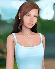 an animated woman wearing a blue top and necklace