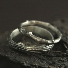 two silver rings sitting on top of a piece of wood with branches sticking out of it