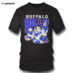 Disney Mickey Mouse And Friends Buffalo Bills T-shirt Character Print T-shirt For Disney Fan Events, Black Disney Fan Merchandise T-shirt, Black Disney Graphic Tee, Disney Mickey Mouse T-shirt For Streetwear, Disney Fan Apparel T-shirt With Short Sleeves, Disney Fan Apparel Short Sleeve T-shirt, Disney Graphic Print T-shirt For Fans, Disney Fan Merchandise Top, Pre-shrunk, Cartoon Print Fandom T-shirt For Fans