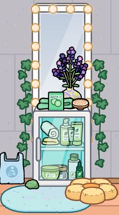 a small refrigerator with lots of items in front of it and a potted plant next to it