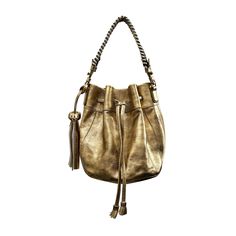 Our metallic gold leather bucket bag is a timeless classic with a modern twist. It comes with not one, but two detachable straps, so you can wear it your way. Choose between the long, luxurious black strap for a chic shoulder bag or opt for a short one, handwoven vibrant pink strap.  Additional Details  Material: Leather Color: Metallic Gold Size: Medium Closure: Drawstring Hardware: Gold  Straps: Detachable Here are a few tips for storing your bag in the dust bag (include in your purchase): -Em Luxury Gold Bags With Brass Hardware, Luxury Gold Bucket Bag With Detachable Strap, Gold Shoulder Bucket Bag With Gold-tone Hardware, Luxury Gold Bucket Bag For Daily Use, Gold Bucket Shoulder Bag With Detachable Strap, Gold Crossbody Shoulder Bag With Brass Hardware, Gold Leather Shoulder Bag With Brass Hardware, Gold Shoulder Bag With Brass Hardware For Travel, Elegant Gold Bucket Bag For Everyday Use