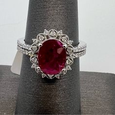 14k White Gold Diamond & Ruby Ring. 2.66 Carats. 4.7 Grams. Size 7. Pt2896 Dazzling Gia-certified Ruby Jewelry, Dazzling Gia Certified Ruby Jewelry, Red Center Stone Platinum Ring, Exquisite Ruby Jewelry Gia Certified, Red Platinum Ring With Center Stone, Red Diamond Platinum Ring, Red Diamond Ring With Halo Setting In Platinum, Red Ruby Ring With Halo Setting In Platinum, White Gold Ruby Jewelry With Halo Setting