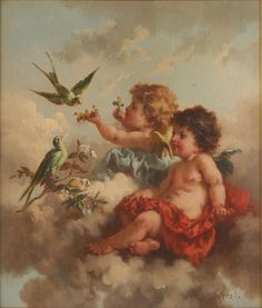 two cherubs are sitting on the clouds and one is holding a flower