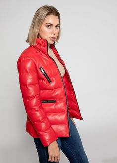 Women's Winter Red Puffer Real Leather Jacket with artificial down.  Made with 100% Real Soft and Supple Lambskin Leather. Mid-Length Jacket with Fur lining on hoodie. Detachable Hoodie by Zipper. Filled with artificial down in for cold weather protection.  Great leather jacket for fashionista within you.   Two Lower Zippered Hand Warmer Pockets  Full Leather Hoodie with Faux Fur edges  Artificial Down Filling in Jacket Panels  Fully Lined with Polyester Satin  Genuine YKK Zippers  100% Genuine Puffy Clothes, Nylon Outerwear, Everyday Jacket, Red Puffer, Luxury Outerwear, Fur Leather Jacket, Real Leather Jacket, Colmar, Down Parka