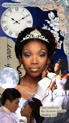 a collage of two women in wedding dresses and one man with a clock on the wall