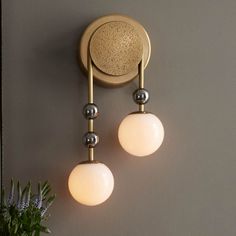 two lights on the wall next to a potted plant