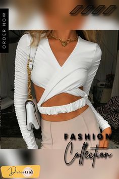 Fashion Elegant White Wrap Women's Top Long Sleeve Cropped Top T-shirts Autumn Cut Out Backless Top Tees Slim White Solid Color Top For Party, Spring Party Crop Top T-shirt, Stretch Solid Color Party Tops, White Crop Top For Night Out, White Stretch Tops For Night Out, Stretch Solid Color Tops For Day Out, Trendy Solid Color Tops For Night Out, Spring Solid Color Crop Top, Trendy Solid Color Crop Top