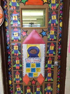 a door decorated with an image of a rocket ship