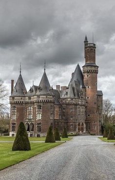 an old castle with two towers on the front and one tower at the top is surrounded by hedges