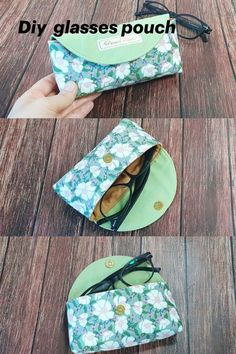 three images show the inside of a purse with sunglasses on it and one in front