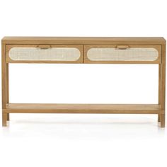 a wooden console table with two drawers and wicker handles on one side, against a white background