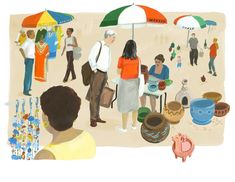 an illustration of people standing on the beach with umbrellas over their heads and bowls in front of them