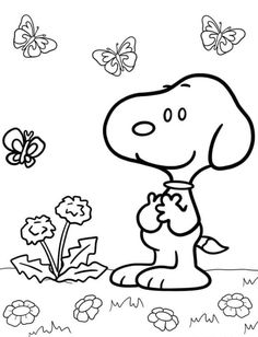 a cartoon dog sitting in the grass with flowers and butterflies around him, coloring page