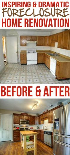 before and after photos of a kitchen remodel with wood cabinets, tile flooring and white appliances