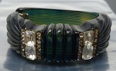 Vintage Green Transperent Bakelite White Rhinestone Clamper Wide Bracelet Wide Bracelet, White Rhinestone, High Heel Boots, Bangle Bracelets, High Heels, Jewelry Bracelets, Bangles, Boots, Heels