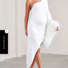 White, One Shoulder, Fur Trimmed Maternity Dress Summer Party Maternity Dress Midi Length, Summer Party Maternity Midi Dress, Chic Fitted White Maternity Dress, Chic White Maternity Dress For Spring, Chic Summer Maternity Dress For Evening, Chic Summer Evening Maternity Dress, Fitted Maternity Dress For Spring Party, Chic Fitted Maternity Dress For Party, Chic White Maternity Dress