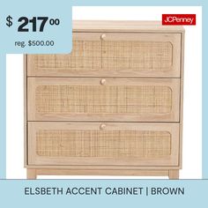 a wooden dresser with wicker drawers and price tag for $ 27 00 reg $ 60 00