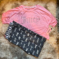 This Is A Nwt Juicy Couture Pajama Set, With A Cropped Pink Top With The Juicy Logo In Sparkly Studs On The Front. The Bottoms Are Grey With The Juicy Logo All Over Including The Waistband. Both Are Super Soft And Snuggly. These Photos Are Of The Identical Item In A Smaller Size - But If You Purchase This Listing, You Are Buying This Item In A Size Xl. Great Gift For The Juicy Lover! Pink Stretch Bedtime Sets, Pink Summer Tops For Overnight, Pink Stretch Tops For Bedtime, Stretch Pink Tops For Bedtime, Stretch Pink Bedtime Tops, Pink Stretch Pajama Shorts For Lounging, Pink Stretch Sleepwear, Pink Stretch Loungewear Sets, Pink Stretch Pajama Shorts For Bedtime