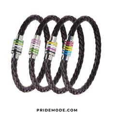 four different colored leather bracelets with metal clasps on each side and the words pride mode