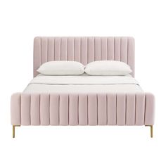 a pink bed with two pillows on top of the headboard and foot board, in front of a white background