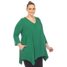 The flattering fit and the empire waistband makes this piece the perfect casual top for any event. Made from the softest fabric that drapes beautifully on your body with its loose cut for the ultimate comfort. Pairs great with jeans, leggings or shorts. Grab one or grab them in all colors. - Product Fit: Relaxed Fit - Care Instructions: Machine Wash Cold - Material: 95% Rayon / 5% Spandex Product Specifications: - V-Neck - Three-Quarter Sleeves - Shark Bite Hem Green V-neck Tunic For Fall, Green Flowy V-neck Top, Jeans Leggings, Stretch Top, Plus Size Top, White Mark, Casual Top, Quarter Sleeve, V Neck Tops