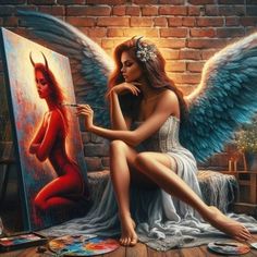 a painting of a woman sitting on the floor next to an angel holding a paintbrush