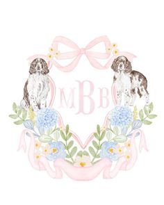 two dogs are sitting in the middle of a wreath with flowers and bows on it