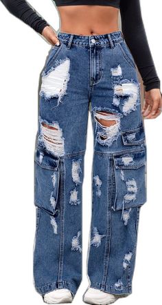 Trendy Dark Wash Distressed Denim Jumpsuit, Trendy Distressed Dark Wash Denim Jumpsuit, Edgy Denim Jeans With Pockets, Edgy Denim Blue Cargo Jeans With Pockets, High-waist Grunge Cargo Jeans, Baggy Edgy Denim Cargo Jeans, Edgy Baggy Denim Cargo Jeans, Fall Ripped Cargo Jeans, Distressed Denim Blue Grunge Cargo Jeans